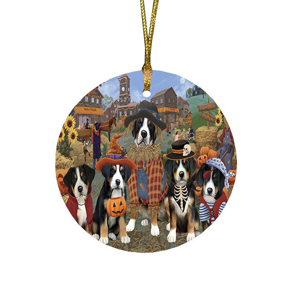 Halloween 'Round Town And Fall Pumpkin Scarecrow Both Greater Swiss Mountain Dogs Round Flat Christmas Ornament RFPOR57406