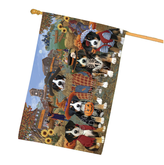 Halloween 'Round Town And Fall Pumpkin Scarecrow Both Greater Swiss Mountain Dogs House Flag FLG65658