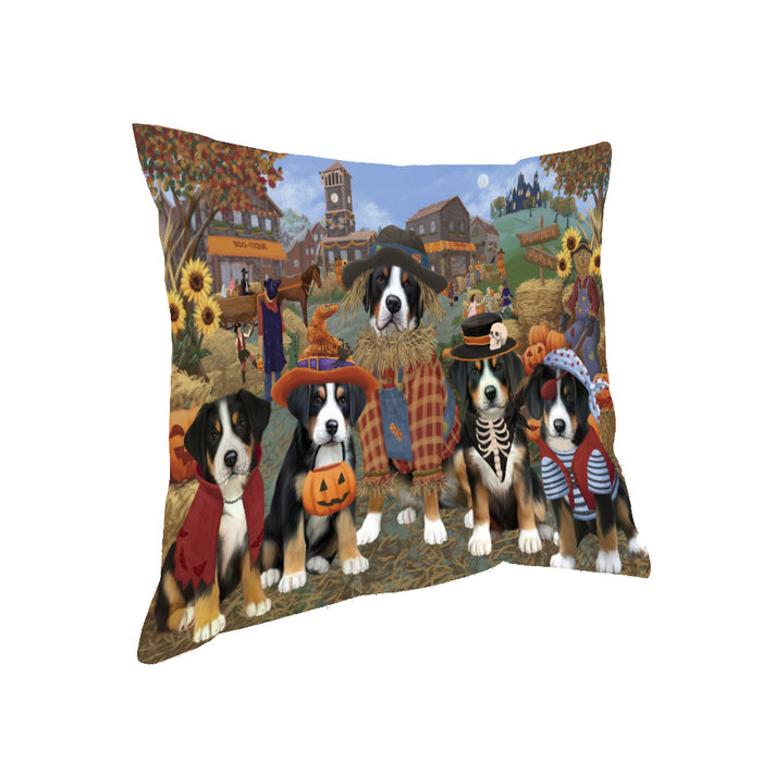 Halloween 'Round Town And Fall Pumpkin Scarecrow Both Greater Swiss Mountain Dogs Pillow PIL82408