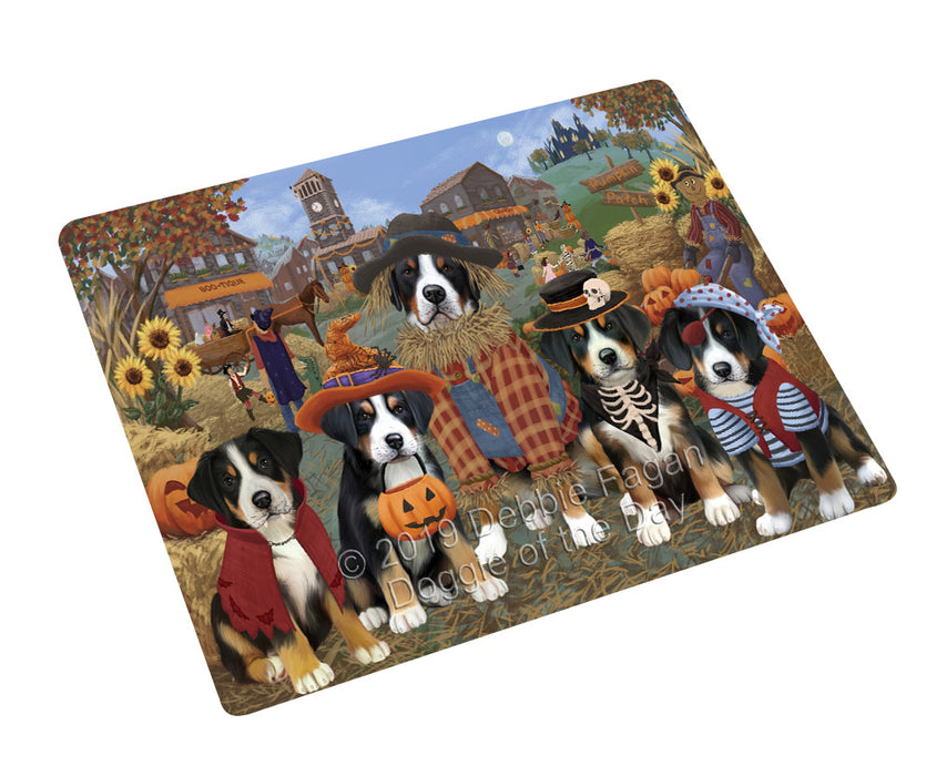 Halloween 'Round Town And Fall Pumpkin Scarecrow Both Greater Swiss Mountain Dogs Cutting Board C77137