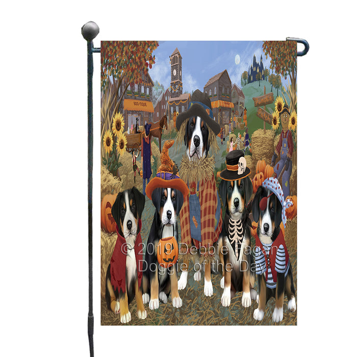 Halloween 'Round Town And Fall Pumpkin Scarecrow Both Greater Swiss Mountain Dogs Garden Flag GFLG65602