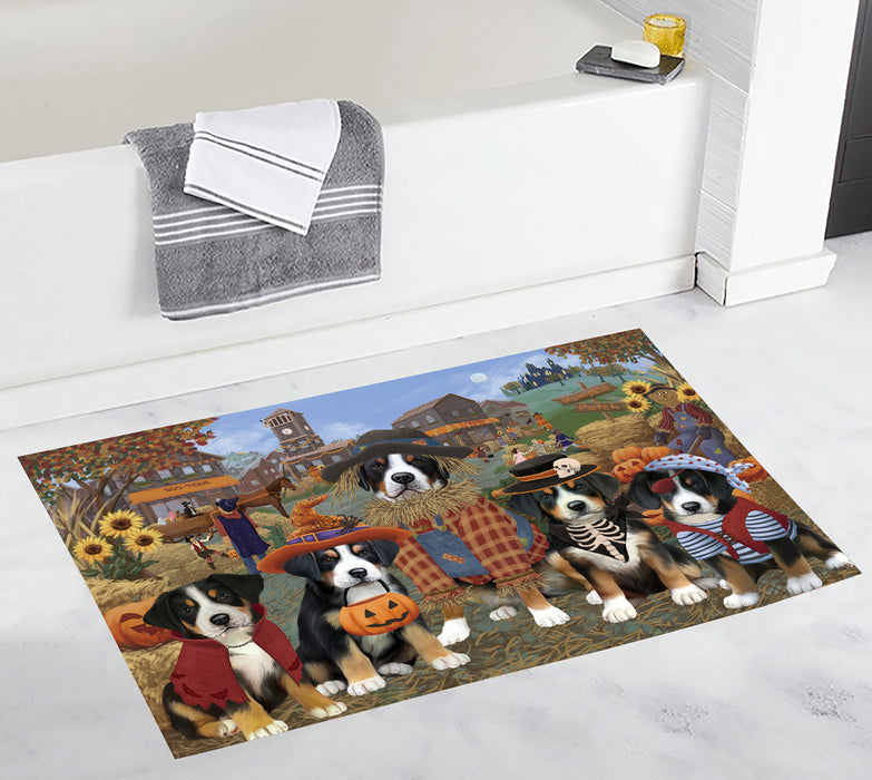 Halloween 'Round Town and Fall Pumpkin Scarecrow Both Greater Swiss Mountain Dogs Bath Mat