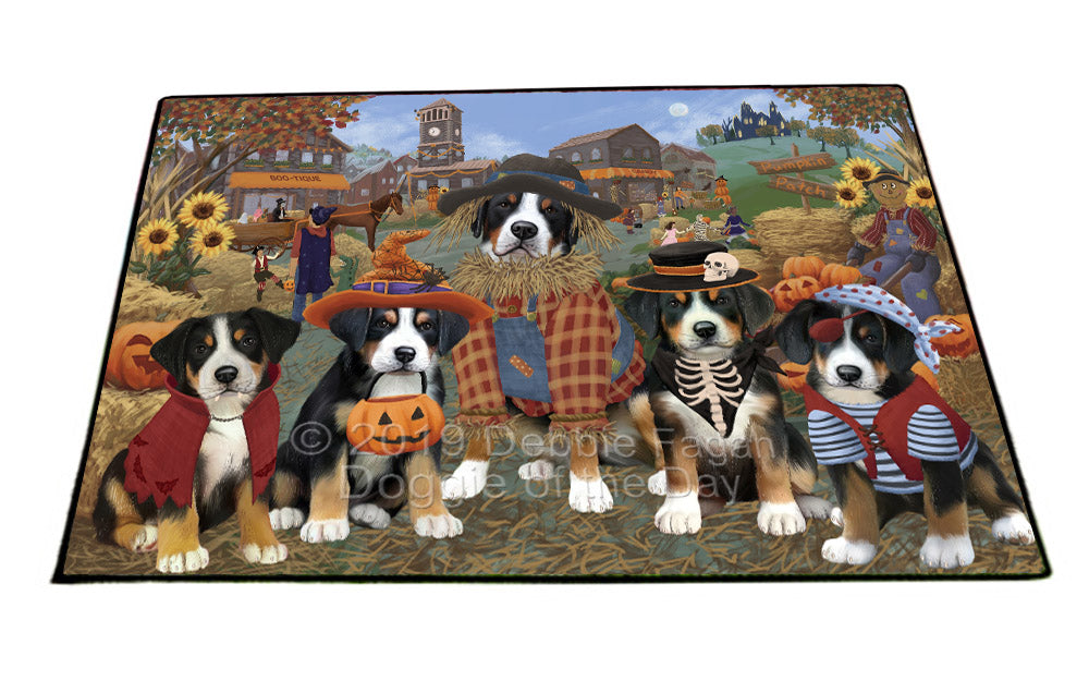 Halloween 'Round Town And Fall Pumpkin Scarecrow Both Greater Swiss Mountain Dogs Floormat FLMS53951