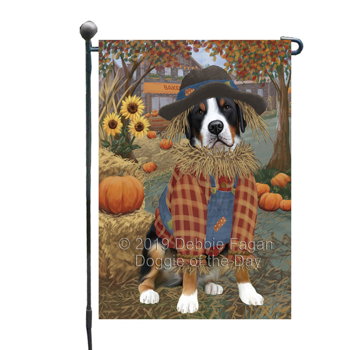 Halloween 'Round Town And Fall Pumpkin Scarecrow Both Greater Swiss Mountain Dogs Garden Flag GFLG65663