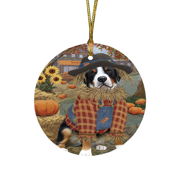 Halloween 'Round Town And Fall Pumpkin Scarecrow Both Greater Swiss Mountain Dogs Round Flat Christmas Ornament RFPOR57467