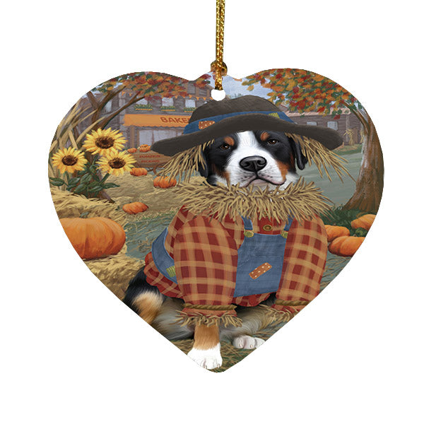 Fall Pumpkin Scarecrow Greater Swiss Mountain Dogs Heart Christmas Ornament HPOR57563