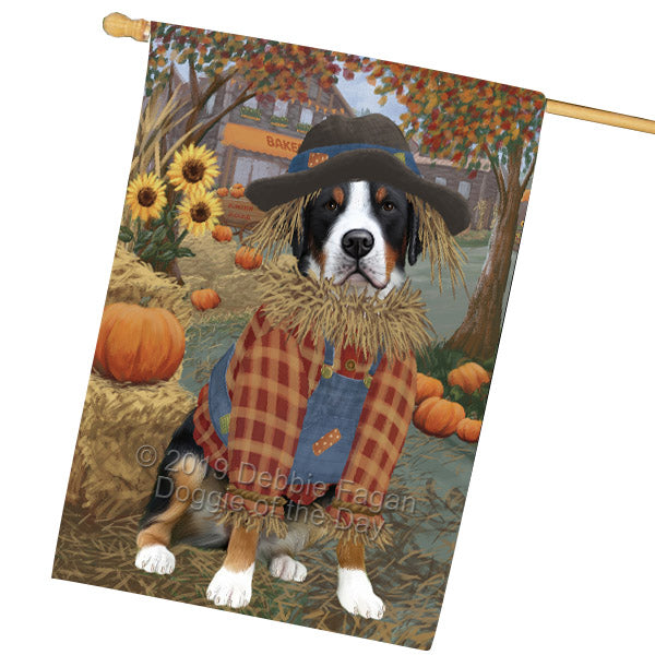 Halloween 'Round Town And Fall Pumpkin Scarecrow Both Greater Swiss Mountain Dogs House Flag FLG65719