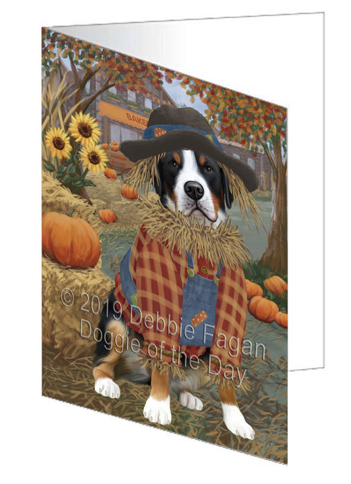 Fall Pumpkin Scarecrow Greater Swiss Mountain Dog Handmade Artwork Assorted Pets Greeting Cards and Note Cards with Envelopes for All Occasions and Holiday Seasons GCD78035