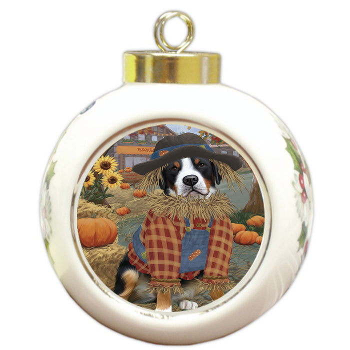 Halloween 'Round Town And Fall Pumpkin Scarecrow Both Greater Swiss Mountain Dogs Round Ball Christmas Ornament RBPOR57467