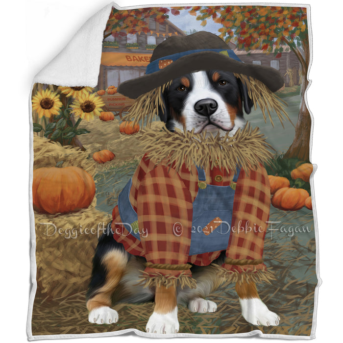 Halloween 'Round Town And Fall Pumpkin Scarecrow Both Greater Swiss Mountain Dogs Blanket BLNKT139529
