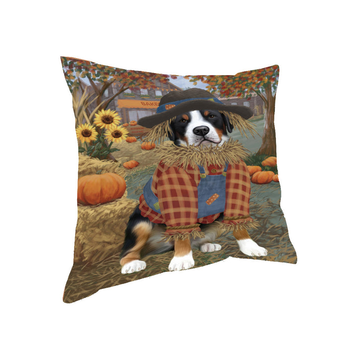 Halloween 'Round Town And Fall Pumpkin Scarecrow Both Greater Swiss Mountain Dogs Pillow PIL82652