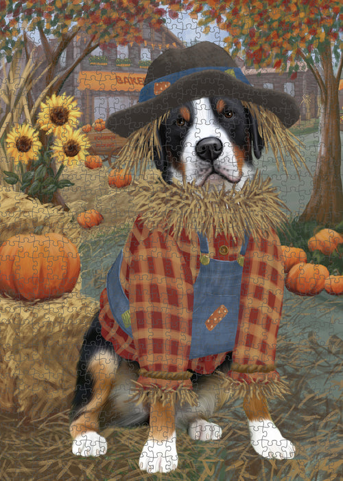 Halloween 'Round Town And Fall Pumpkin Scarecrow Both Greater Swiss Mountain Dogs Puzzle with Photo Tin PUZL96560