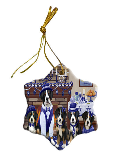 Happy Hanukkah Family Greater Swiss Mountain Dogs Star Porcelain Ornament SPOR57624
