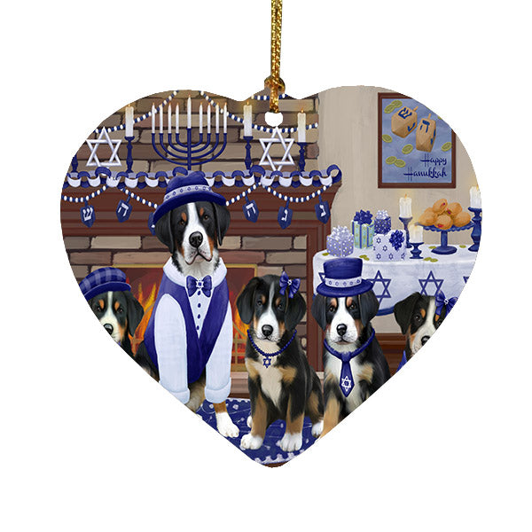 Happy Hanukkah Family Greater Swiss Mountain Dogs Heart Christmas Ornament HPOR57624