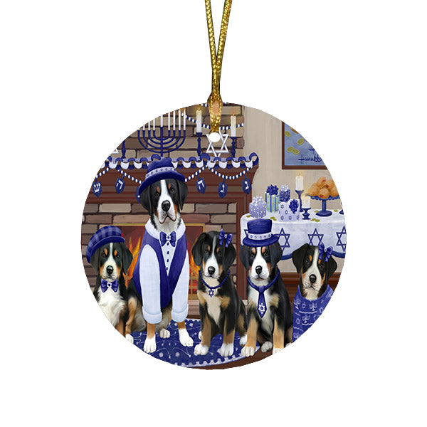 Happy Hanukkah Family and Happy Hanukkah Both Greater Swiss Mountain Dogs Round Flat Christmas Ornament RFPOR57528