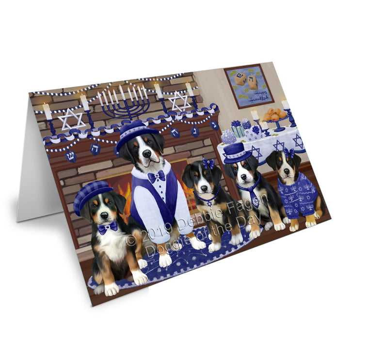 Happy Hanukkah Family Greater Swiss Mountain Dogs Handmade Artwork Assorted Pets Greeting Cards and Note Cards with Envelopes for All Occasions and Holiday Seasons GCD78218