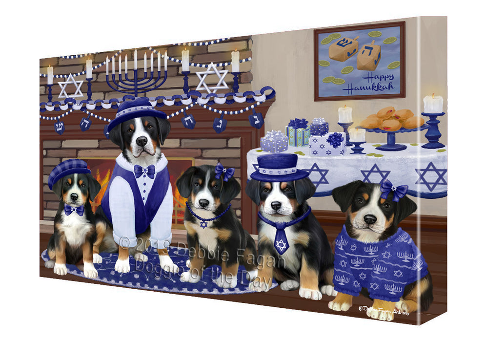 Happy Hanukkah Family and Happy Hanukkah Both Greater Swiss Mountain Dogs Canvas Print Wall Art Décor CVS141209
