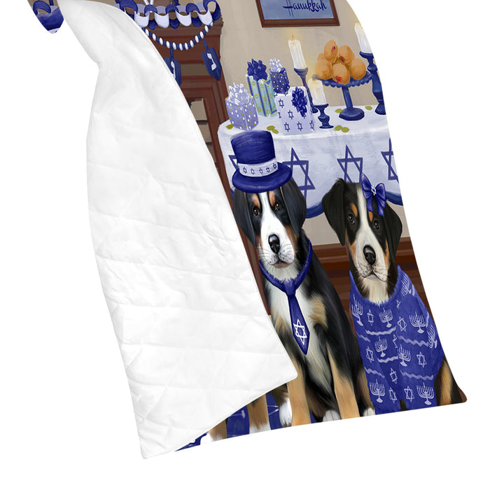 Happy Hanukkah Family and Happy Hanukkah Both Greater Swiss Mountain Dogs Quilt