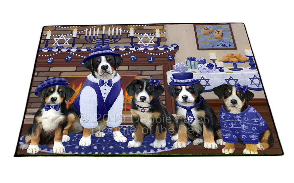 Happy Hanukkah Family and Happy Hanukkah Both Greater Swiss Mountain Dogs Floormat FLMS54134