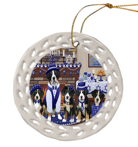 Happy Hanukkah Family Greater Swiss Mountain Dogs Ceramic Doily Ornament DPOR57624