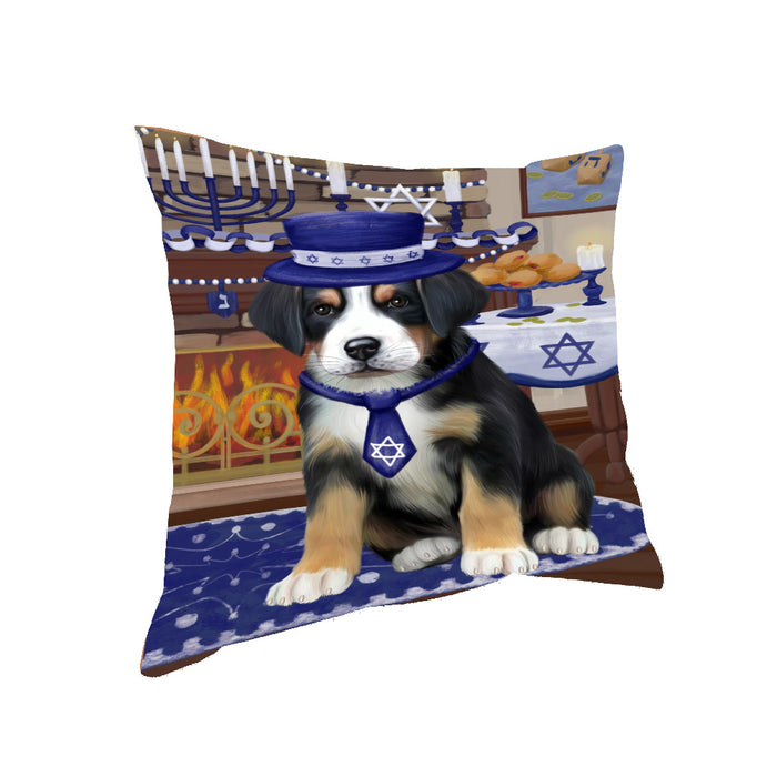 Happy Hanukkah Family and Happy Hanukkah Both Greater Swiss Mountain Dog Pillow PIL83120
