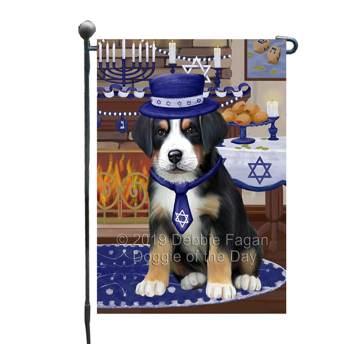 Happy Hanukkah Family and Happy Hanukkah Both Greater Swiss Mountain Dog Garden Flag GFLG65724