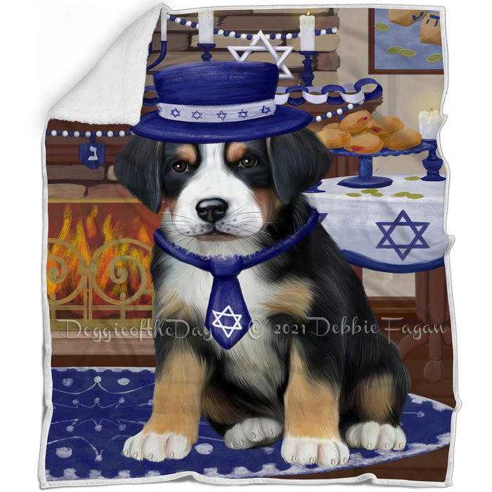 Happy Hanukkah Family and Happy Hanukkah Both Greater Swiss Mountain Dog Blanket BLNKT140078