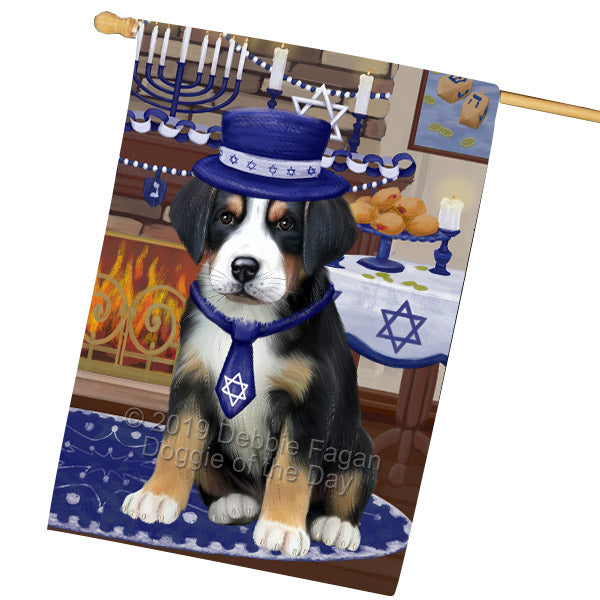 Happy Hanukkah Family and Happy Hanukkah Both Greater Swiss Mountain Dog House Flag FLG65780