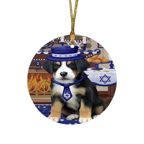 Happy Hanukkah Family and Happy Hanukkah Both Greater Swiss Mountain Dog Round Flat Christmas Ornament RFPOR57584