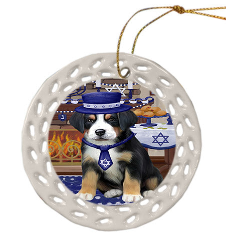 Happy Hanukkah Greater Swiss Mountain Dog Ceramic Doily Ornament DPOR57680