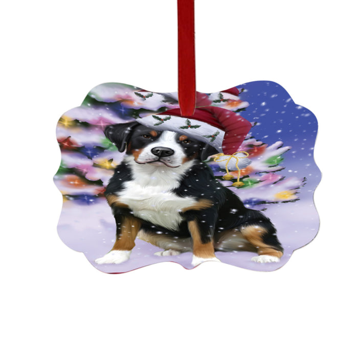 Winterland Wonderland Greater Swiss Mountain Dog In Christmas Holiday Scenic Background Double-Sided Photo Benelux Christmas Ornament LOR49586