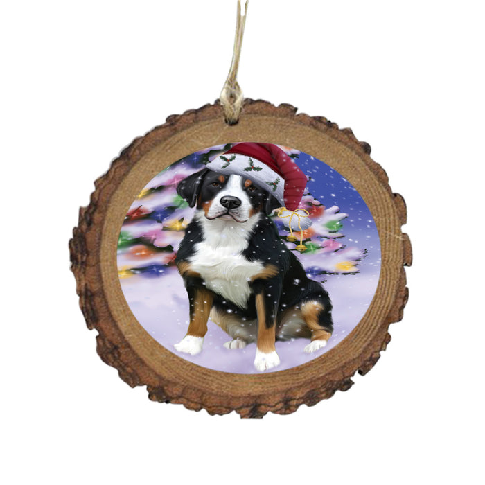 Winterland Wonderland Greater Swiss Mountain Dog In Christmas Holiday Scenic Background Wooden Christmas Ornament WOR49586