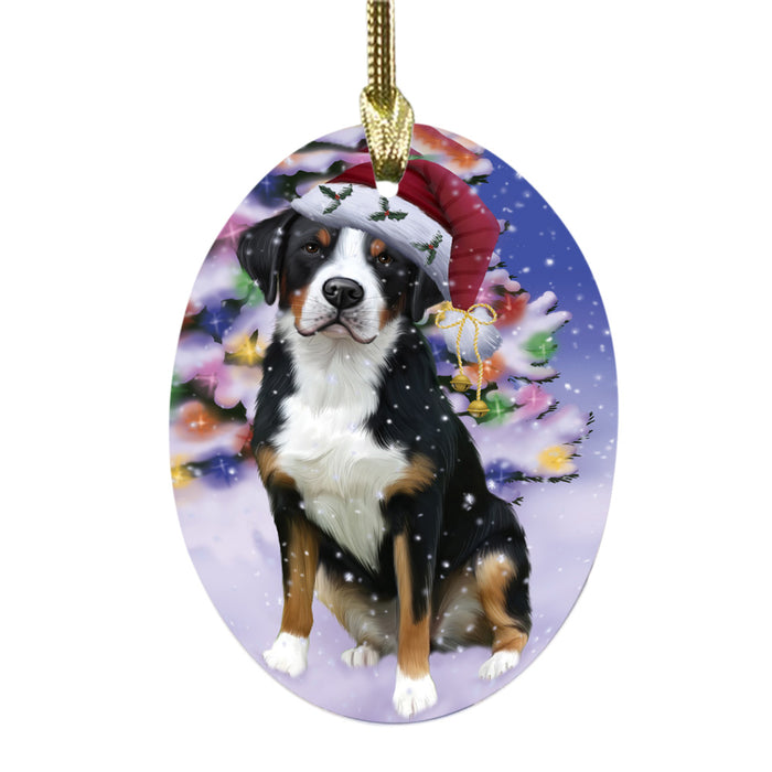 Winterland Wonderland Greater Swiss Mountain Dog In Christmas Holiday Scenic Background Oval Glass Christmas Ornament OGOR49586