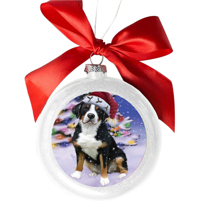 Winterland Wonderland Greater Swiss Mountain Dog In Christmas Holiday Scenic Background White Round Ball Christmas Ornament WBSOR49586