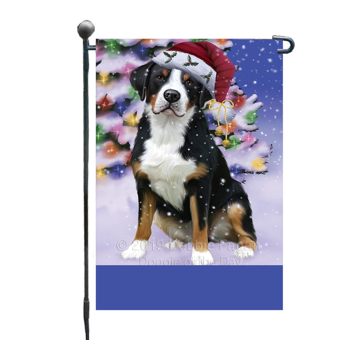 Personalized Winterland Wonderland Greater Swiss Mountain Dog In Christmas Holiday Scenic Background Custom Garden Flags GFLG-DOTD-A61324