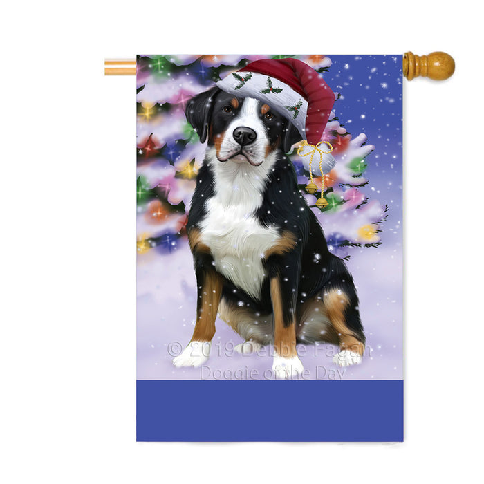 Personalized Winterland Wonderland Greater Swiss Mountain Dog In Christmas Holiday Scenic Background Custom House Flag FLG-DOTD-A61380