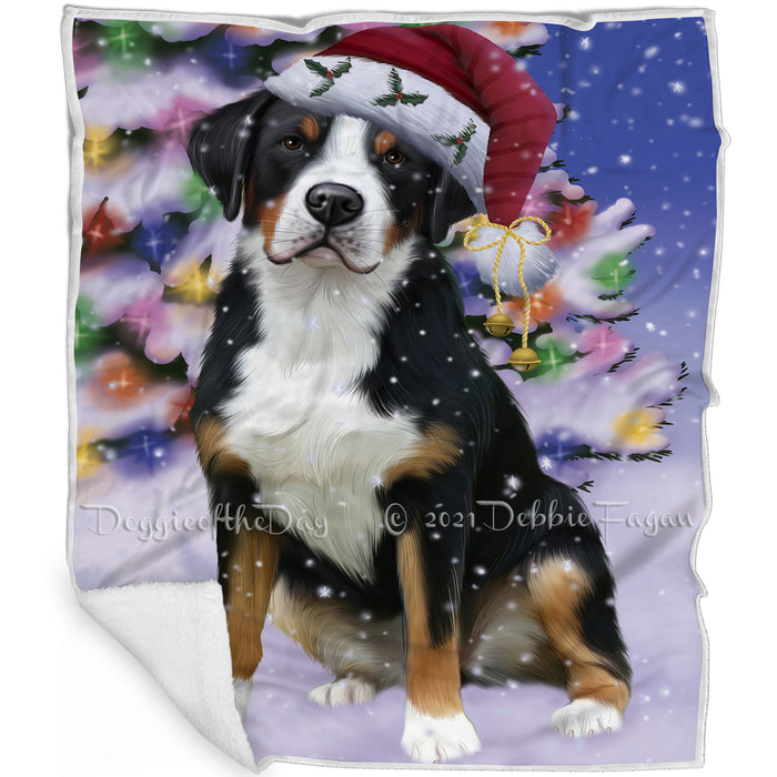 Winterland Wonderland Greater Swiss Mountain Dog In Christmas Holiday Scenic Background Blanket BLNKT101181