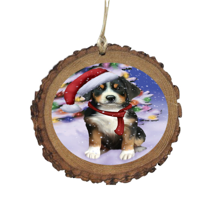 Winterland Wonderland Greater Swiss Mountain Dog In Christmas Holiday Scenic Background Wooden Christmas Ornament WOR49587