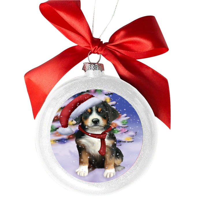 Winterland Wonderland Greater Swiss Mountain Dog In Christmas Holiday Scenic Background White Round Ball Christmas Ornament WBSOR49587