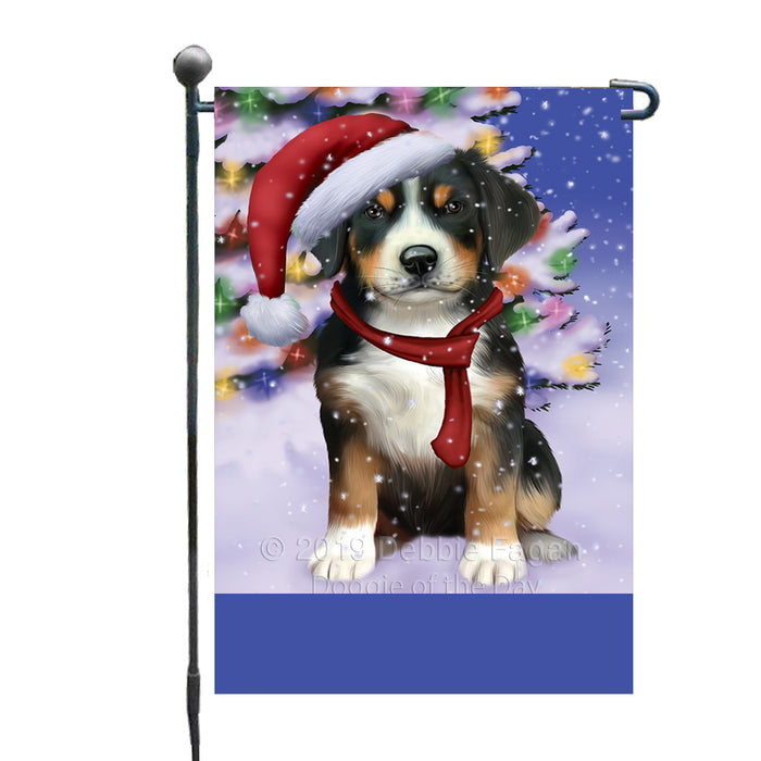Personalized Winterland Wonderland Greater Swiss Mountain Dog In Christmas Holiday Scenic Background Custom Garden Flags GFLG-DOTD-A61325