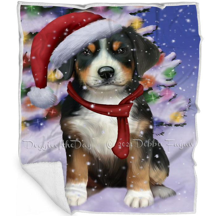 Winterland Wonderland Greater Swiss Mountain Dog In Christmas Holiday Scenic Background Blanket BLNKT101190