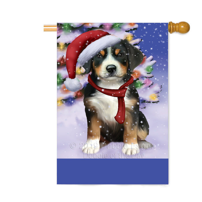 Personalized Winterland Wonderland Greater Swiss Mountain Dog In Christmas Holiday Scenic Background Custom House Flag FLG-DOTD-A61381