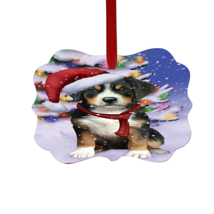 Winterland Wonderland Greater Swiss Mountain Dog In Christmas Holiday Scenic Background Double-Sided Photo Benelux Christmas Ornament LOR49587