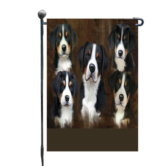 Personalized Rustic 5 Greater Swiss Mountain Dogs Custom Garden Flags GFLG-DOTD-A62559
