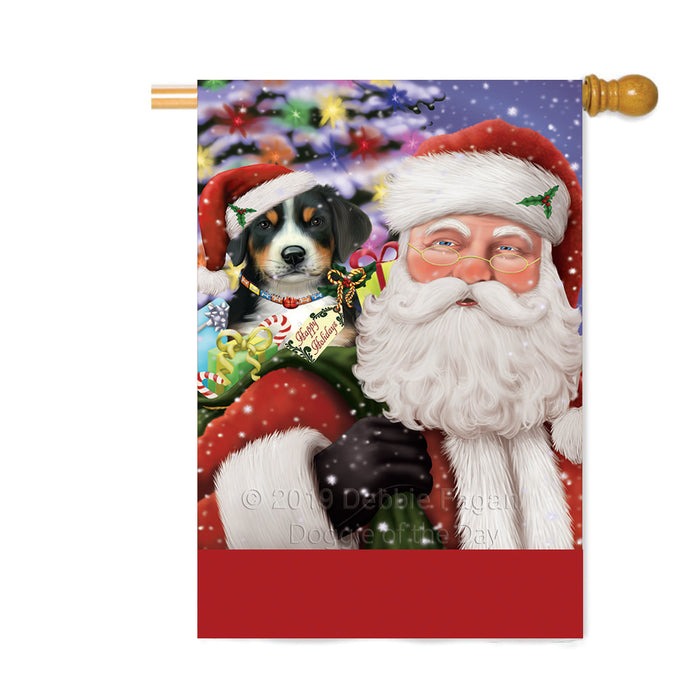Personalized Santa Carrying Greater Swiss Mountain Dog and Christmas Presents Custom House Flag FLG-DOTD-A63474