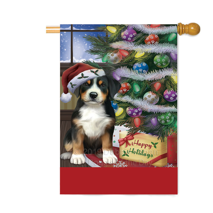 Personalized Christmas Happy Holidays Greater Swiss Mountain Dog with Tree and Presents Custom House Flag FLG-DOTD-A58693