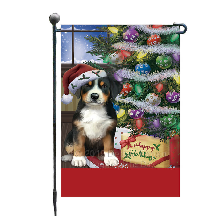 Personalized Christmas Happy Holidays Greater Swiss Mountain Dog with Tree and Presents Custom Garden Flags GFLG-DOTD-A58637