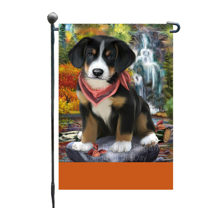 Personalized Scenic Waterfall Greater Swiss Mountain Dog Custom Garden Flags GFLG-DOTD-A60833