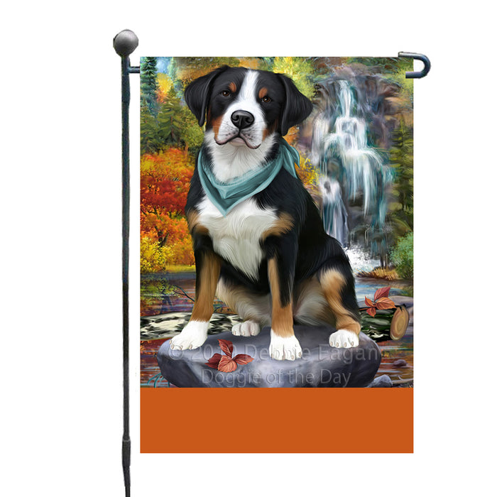 Personalized Scenic Waterfall Greater Swiss Mountain Dog Custom Garden Flags GFLG-DOTD-A60834