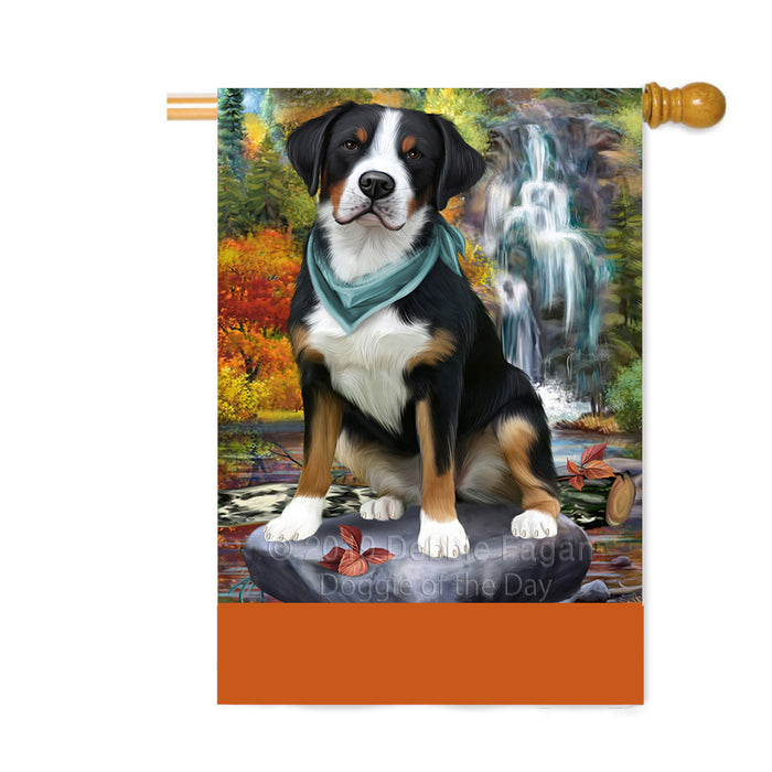 Personalized Scenic Waterfall Greater Swiss Mountain Dog Custom House Flag FLG-DOTD-A60890